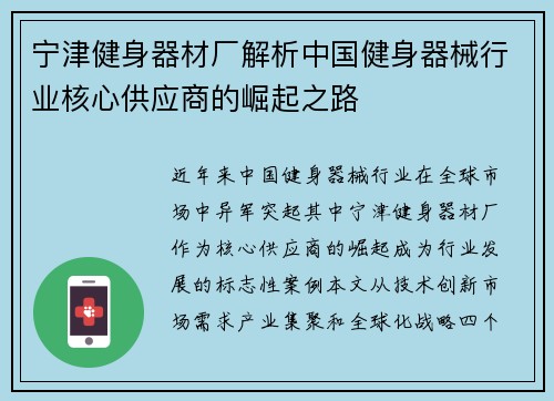 宁津健身器材厂解析中国健身器械行业核心供应商的崛起之路