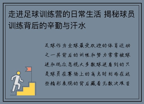 走进足球训练营的日常生活 揭秘球员训练背后的辛勤与汗水