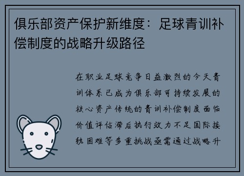 俱乐部资产保护新维度：足球青训补偿制度的战略升级路径